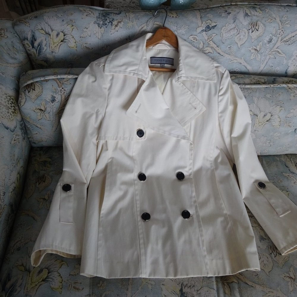 ANNE KLEIN JACKET rain/shine winter white, black buttons SIZE XL double breasted